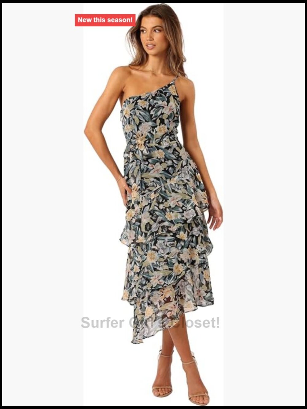 Sleeveless One Shoulder Midi Dress Floral A-line Zipper